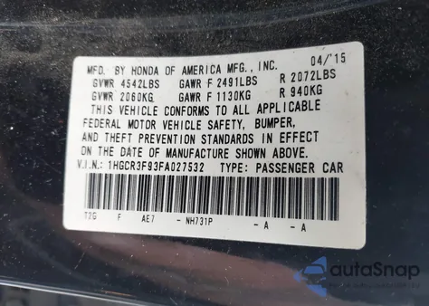 2015 Honda Accord Touring from USA, damaged, VIN 1HGCR3F93FA027532